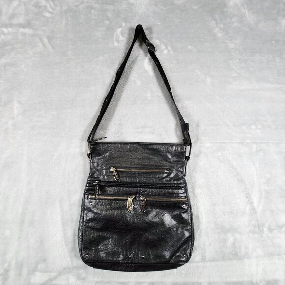 Kenneth Cole Reaction Leather Crossbody Bag Black Adjustable Strap Zippers Biker - Picture 1 of 15